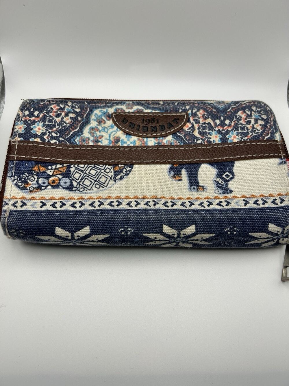 UNIONBAY Zip-Around Wallet Elephant Animal Print Blue/Beige Organizer